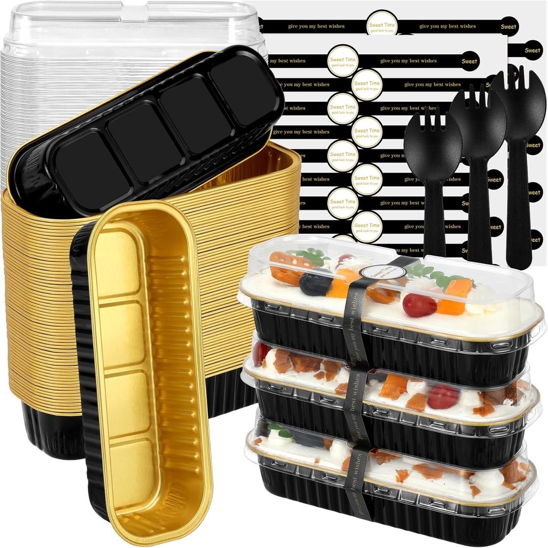 EgticHome Mini Loaf Pans with Lids and Spoons (100 Pack, Black-gold, 6.8oz) Rectangular Aluminum Foil Baking Pans