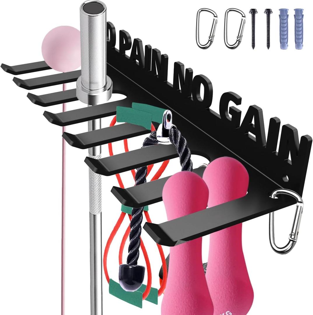 Home Gym Accessories Organization Storage Rack Equipment For Home 8 Hook Wall Hanger Display Gear Barbells Resistance Bands Jump Ropes Lifting Belt Hanger Accessories Hardware Included (NO PAIN NO GAIN)