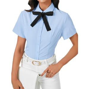 Rooscier Women's Collared Bow Tie Button Down Short Sleeve Elegant Work Shirt Blouse Top Blue X-Large