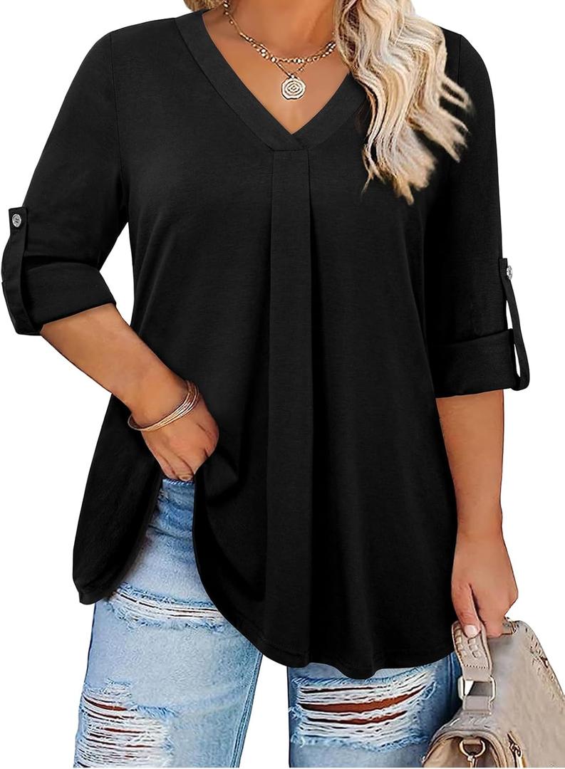 Plus Size Tops for Women V Neck Blouse Pleated Front Loose Fitting Tunic Top Dressy Casual Fall Clothes 2025 (5X-Large, Black)
