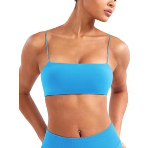 YEOREO Women's Spaghetti Strap Sports Bra Enidy Square Neck Yoga Wireless Low Impact Padded Seamless Cami Crop Top Glacier Blue, XS
