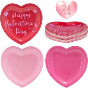 24 Pcs Happy Valentine's Day Plates - Red Pink Heart Shaped Paper Plates, Disposable Love Heart Dinner Dessert Plate Tableware for Valentines Day Anniversary Wedding Party Supplies, 7.5 x 7.5 Inch