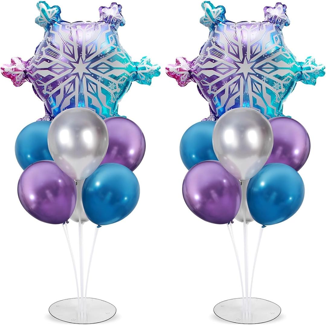 Snow Birthday Party Balloons Stand Kit 2 Sets With Snowflake Foil Balloons for Winter Wonderland Girl Princess Birthday Party Themed Decorations - Balloon Centerpiece for Tables