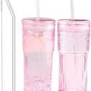 Glass Coffee Cups with Lids and Straws, 20 OZ Pink Iced Water Glasses Tumblers for Ice Juice, Tea, Milk, Smoothie and Cold or Hot Drinks, Set of 2