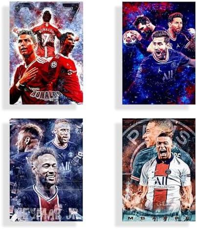 Famous Football Superstar Ronaldo, Messi, Neymar And Mbape Set of 4 Poster Prints Wall Decor Bedroom for Living Room Sport Room Gift for Football Fan - UNFRAMED - Size (10 × 8 inch)