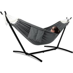 GAFETE Double Hammock with Stand for Outside, Upgraded Spreader Bar, Heavy Duty Space Saving Steel Stand 2 Person, Side Pocket, Easy Assembly, 600lbs Weight Capacity, Indoor & Outdoor (Dark Grey)