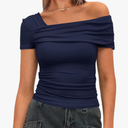 Darong Women's Summer Short Sleeve One Off The Shoulder Top Ruched Going Out Tops Slim Fit Y2K Shirt, L