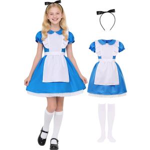 Kids Halloween Costume for Princess Costume Girls Kids Cute Blue Dress for Birthday Dress Up (7-8Years / 130)