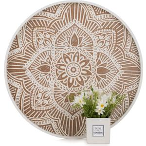 Hanobe Large Round Wood Decorative Tray: Rustic Farmhouse Coffee Table Centerpiece, White Washed Wooden Serving Tray for Kitchen Counter, Boho Ottoman, Home Decor (17.7", Whitewash)