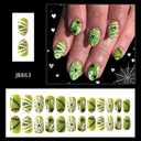 Halloween Press on Nails Short Almond False Nails with Love Spider Web Design Cute Ghost Fake Nails Glossy Full Cover Green Glue on Nail Reusable Holiday Stick on Nail for Women Girls Manicure 24Pcs