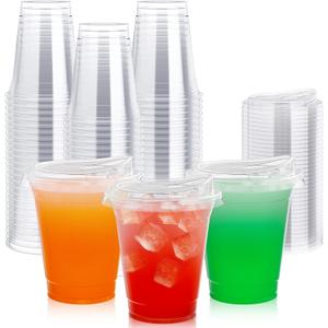 [100 PACK] 12 oz Clear Plastic Cups With Strawless Sip Lids, Disposable Plastic Cups With Sip Through Lids for Ice Coffee, Smoothie, Slurpee, or Any Cold Drinks