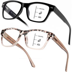 SKYOAK 2 Pack Trendy Progressive Multi focus Reading Glasses Women, Retro Rectangle Frame Anti UV/Eyestrain Computer Readers, Stylish Spring Hinge Multifocal Glasses with Metal Core Wire, 2.25x