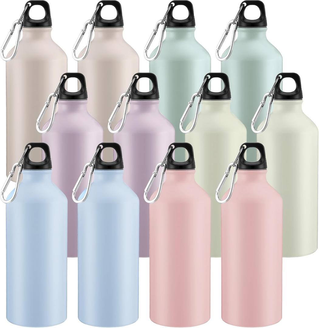 Domensi 12 Pcs 20oz Aluminum Water Bottles Bulk Reusable Water Bottles Lightweight Leak Proof Aluminum Sports with Twist Cap Buckle for Gym, Hiking, Cycling, Camping, Fishing