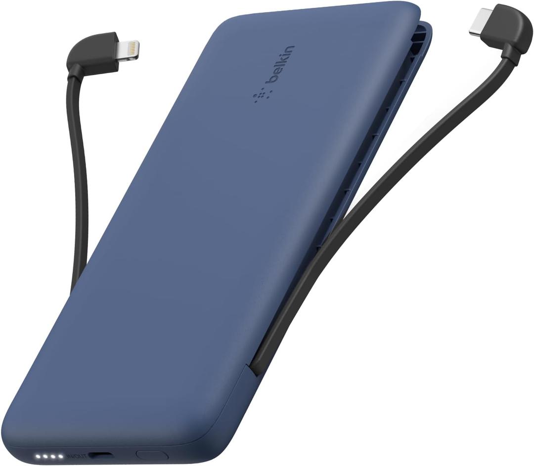 Belkin Portable Charger Power Bank for iPhone/Android - 10,000mAh, 23W Battery Pack for Phone with Integrated USB-C, Lightning Cables - Pass-Through Capability, Charge 2 Devices at Once (Blue)