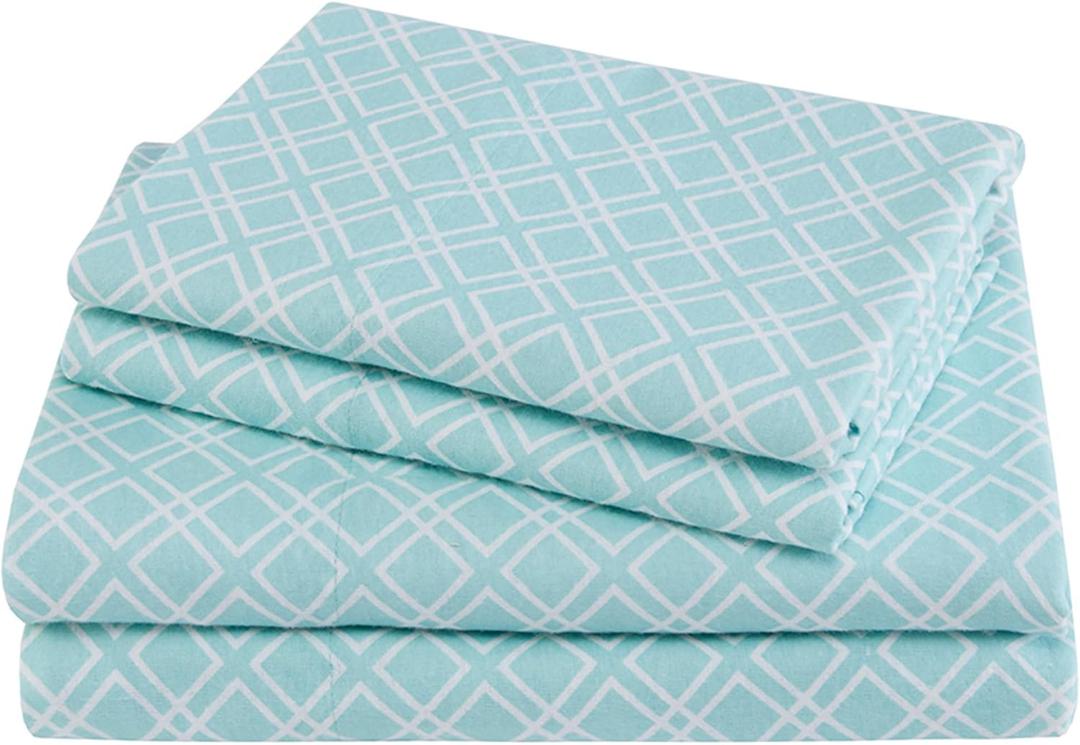 Comfort Spaces Cotton Flannel Sheets Queen Size, Ultra Soft Flannel Sheet Set with 14" Elastic Pocket , Breathable Warm Flannel Bedding, Aqua Geo 4 Piece
