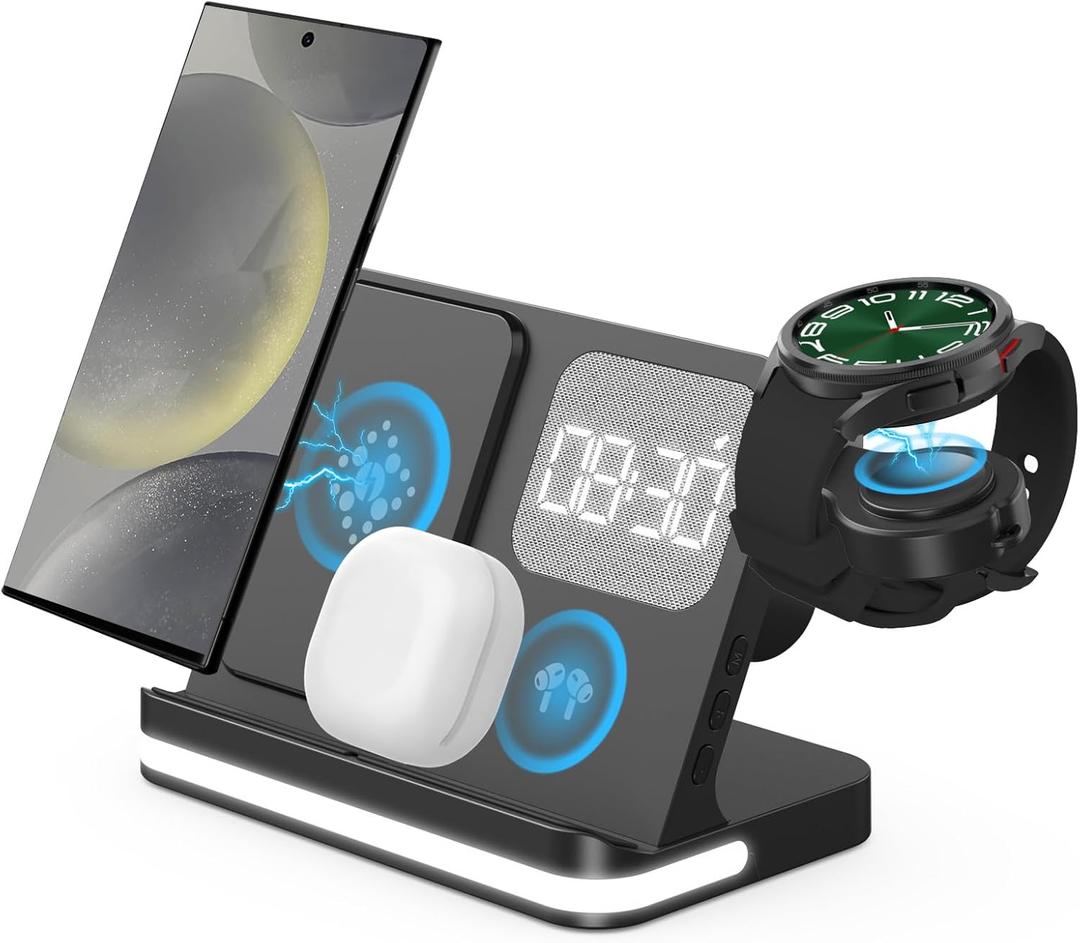 4 in 1 Wireless Charger with Alarm Clock Compatible for Galaxy Watch 7/Ultra/FE/6 Pro Galaxy S25/Ultra/S25+/S24/S23/Note 20/Z Flip 7/6/5 Fold 6 Galaxy Buds 3/2/Pro Multiple Devices Charging Station (Black)