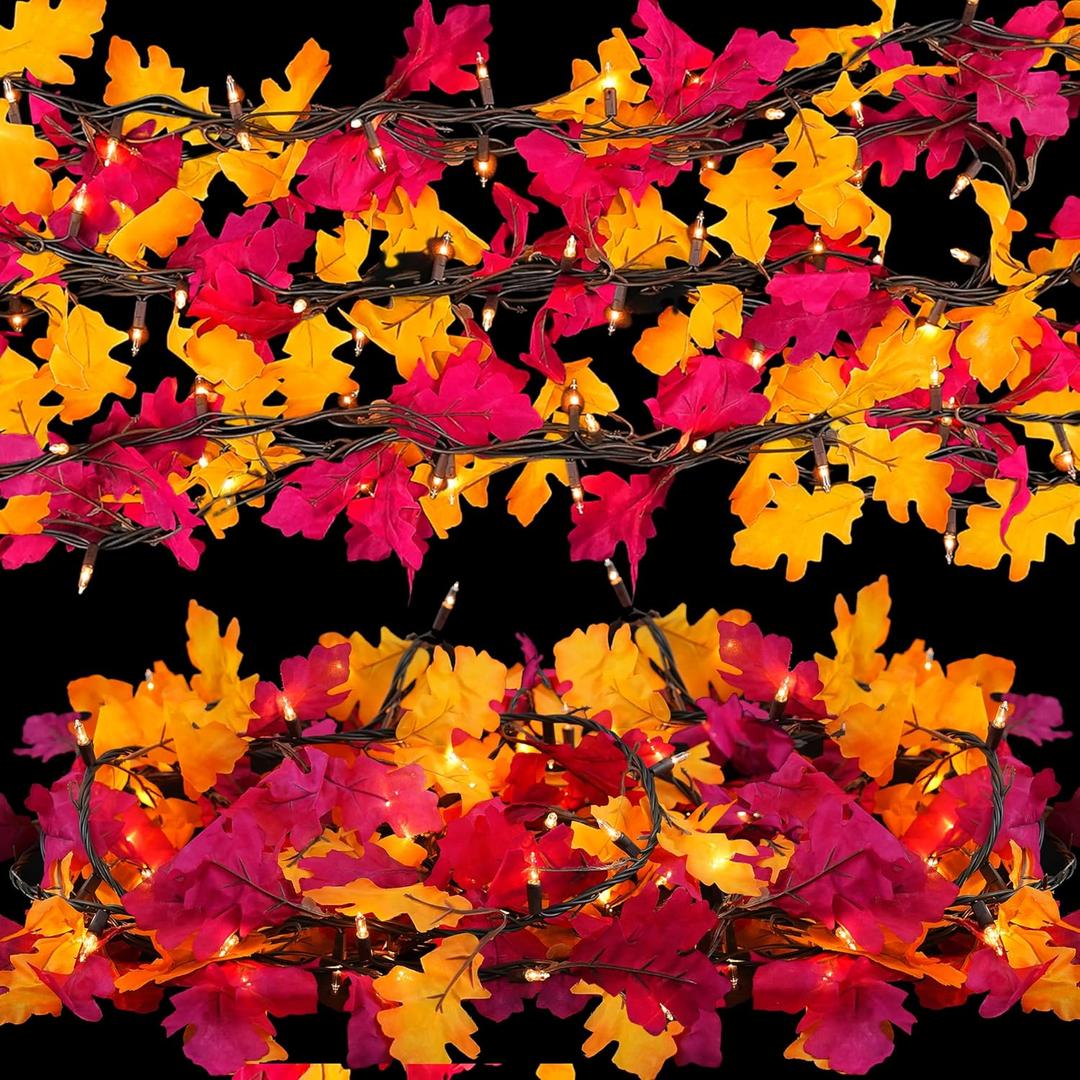 Lighted Fall Garland | Fall Leaves Lights Plug in | 35 Orange Bulbs | Connectable | for Halloween Fall Thanksgiving Autumn Harvest Decoration (9Feet-Length)