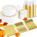 I00000 350Pcs Gold Dinnerware Set for 50 Guests, Gold Plastic Plates for Party, Include: 100 Disposable Plastic Plates, 50 Paper Napkins, 50 Cups, 50 Silverware Set Perfect for Party & Wedding