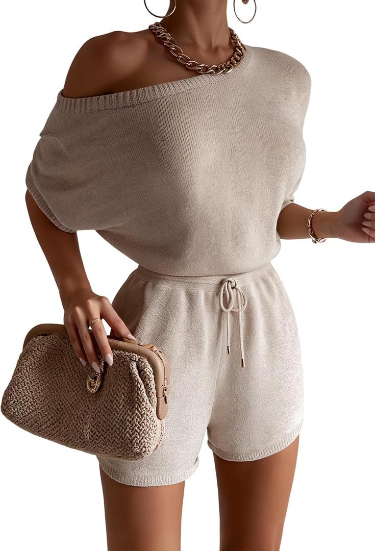 GEMLON Knit Lounge Sets for Women Boatneck Top Drawstring Shorts 2 Piece Outfits Summer (Small, Khaki)