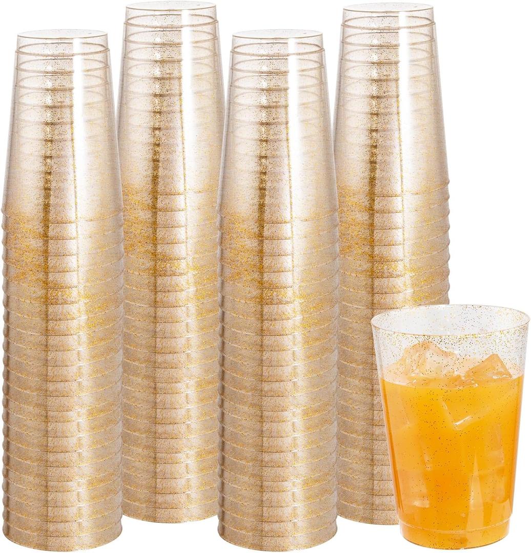 I00000 100 Pack 12 oz Gold Glitter Cups - Gold Plastic Wine Glasses & Cocktail Glasses - Heavy Duty, 12 Ounce Plastic Tumblers For Party