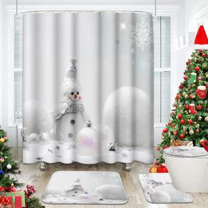 Britimes 4 Piece Shower Curtain Sets with 12 Hooks, Christmas White Snowflakes Snowman with Non-Slip Rugs, Toilet Lid Cover and Bath Mat for Bathroom Decor Set, 72" x 72"