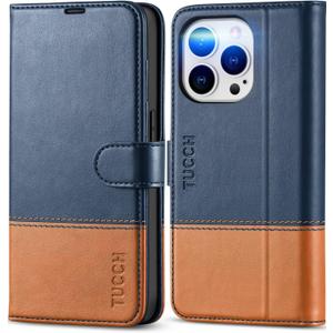 TUCCH Compatible with iPhone 14 Pro Wallet Case, Protective [TPU Shockproof Inner Shell], PU Leather [RFID Blocking] [4 Card Holder] Magnetic Stand Cover for iPhone 14 Pro 6.1", Brown & Dark Blue