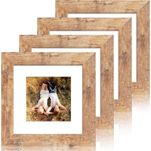 iRahmen 6x6 Picture Frame Set of 4 with Real Glass, Rustic Brown Frames Display 4x4 Picture with Mat or 6 x 6 Without Mat, Square Wood Photo Frame for Wall Mount and Tabletop Display