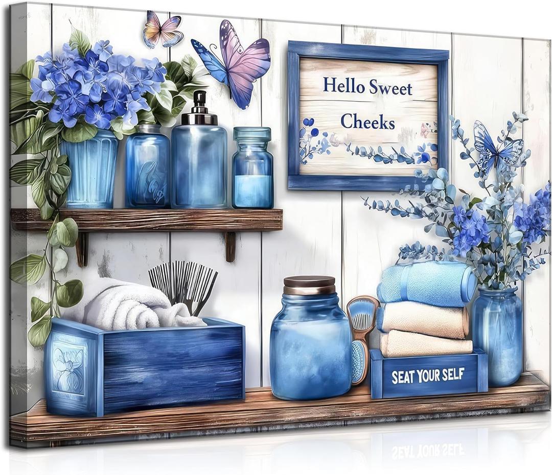 Navy Blue Farmhouse Bathroom Canvas Wall Art Blue Flowers and Butterflies Painting Picture Wall Decor Poster Print Artwork for Toilet Washroom Restroom Home Decoration, 24"L x 16"W