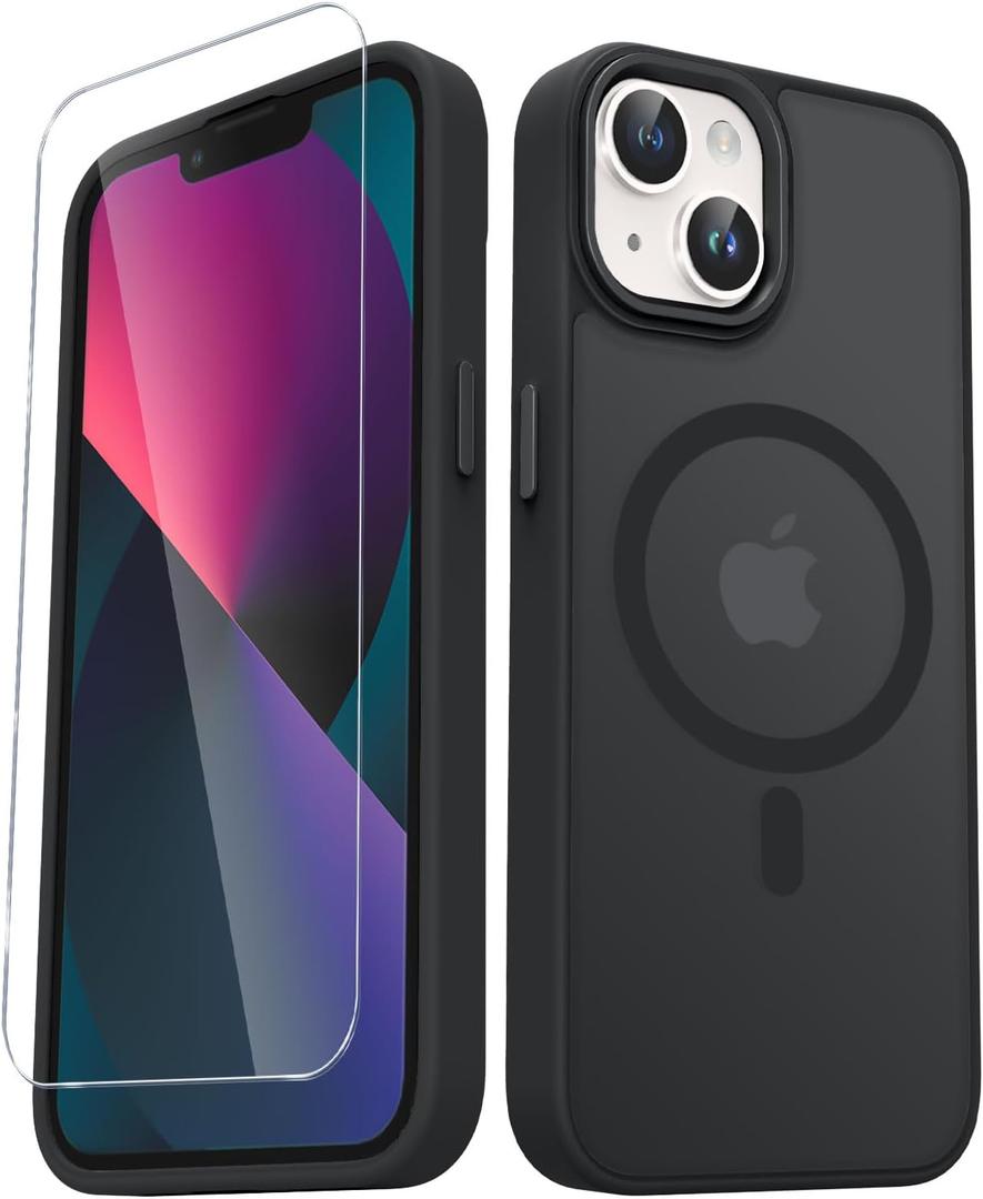 YENAPOON for iPhone 15 Plus Case, Matte Magnetic Phone Case with 1 Screen Protector, Support for Magsafe, Translucent Frosted Slim Shockproof Protective Cover for iPhone 15 Plus 6.7 inch, Black