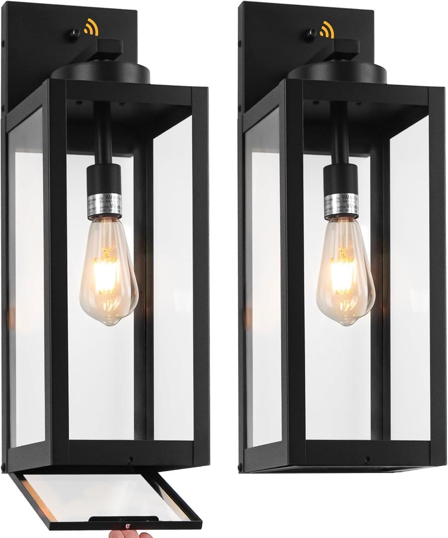 20" Large Dusk to Dawn Outdoor Wall Lantern with Closed Bottom - Black Outdoor Porch Lantern Wall Mounted, Waterproof Modern Outside Wall Sconce Coach Lamp for House, E26, 2 Packs