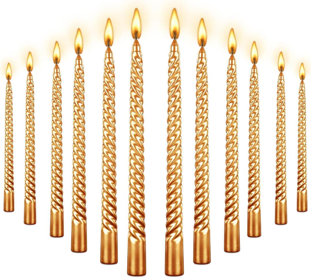 10 Inch Tall Taper Candles Spiral Candle, Set of 12 Tapered Candle, 8 hrs,Tasteless and Smokeless,Long Candle,Tall Candlesticks, Home Dinner, Party, Wedding, Halloween (12, Golden, 25cm)
