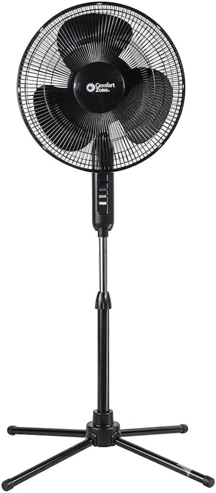 Comfort Zone Stand Fan, 16 inch Pedestal Fan for Bedroom, 3 Speed Floor Fan, 90 Degree Oscillation, Adjustable Height, Adjustable Tilt, Oscillating Air Circulator, Quiet Fan for Home or Office, Black