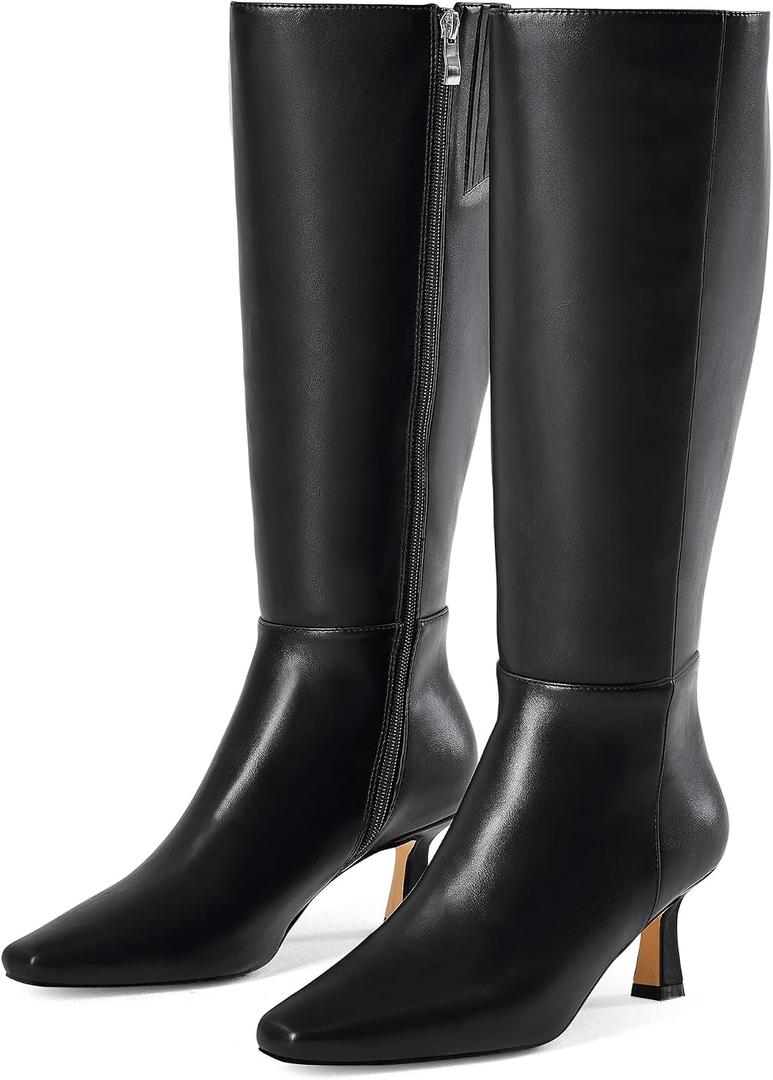GENSHUO Knee High Boots for Women, 2.3 Inch Low Kitten Heel Tall Boots, Square Toe Long Dress Boots with Side Zipper, Fall Winter Black Matte Size 7
