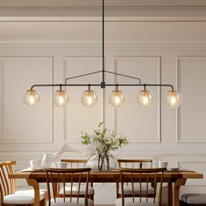 Modern Linear Chandelier Black and Gold Chandelier Dining Room Light Fixture 6 Lights Linear Pendant Light with Seedes Glass Globe Shade for Farmhouse Island Over Tble, Length 51.58 Inch