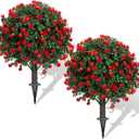 Set of 2 Artificial Boxwood Topiary Ball Trees with Red Flowers for Outdoor with Ground Spike 22", UV Resistant Faux Greenery Shrubs, Fake Plants for Garden, Yard, Porch, Patio Valentine's Day Decor