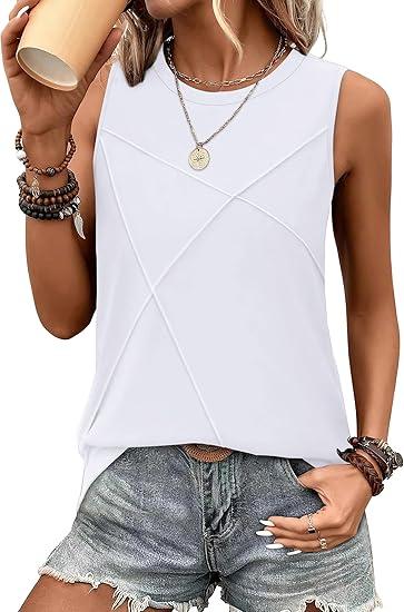 WIHOLL Women's Sleeveless Summer Crewneck Loose Fit Tank Tops White Size L