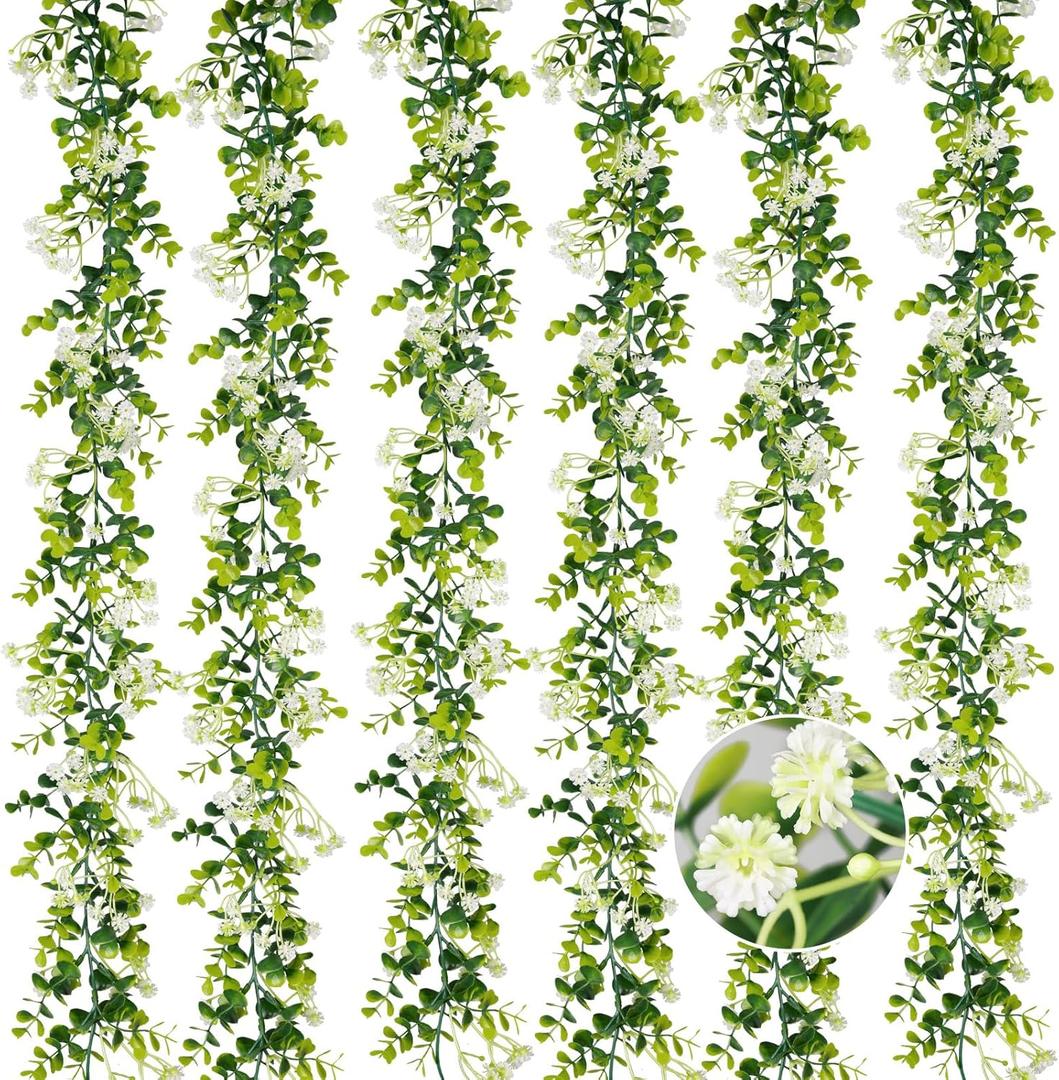 6FT Eucalyptus Garland with Flowers, 6 Pack Artificial Greenery Garland Hanging Spring Eucalyptus Garland Suitable for Table Wedding Backdrop Arch Wall Party UV Protected Indoor Outdoor Decor