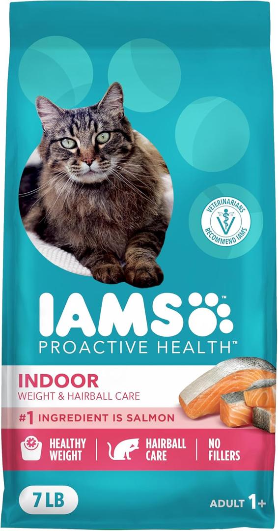 IAMS Proactive Health Dry Cat Food, Indoor Weight and Hairball Care Cat Food Dry Recipe, with Salmon, 7 lb. Bag (EXP 06/22/26)