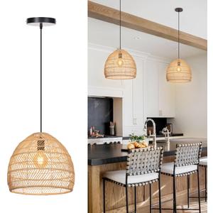 11.8" Small Boho Rattan Chandelier Light Fixture, Hand Woven Pendant Lights Kitchen Island Wicker Farmhouse Rustic Hanging Lamp for Dining Room, Bedroom, Living Room, Entryway, Foyer