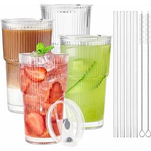 TUZAZO 20 Oz Glass Tumblers with Lids and Straws - 4 Pack Ribbed Glass Iced Coffee Cup with Straw and Lid, Thicken Glasses, Ideal for Smoothieds, Cocktails, and Juices
