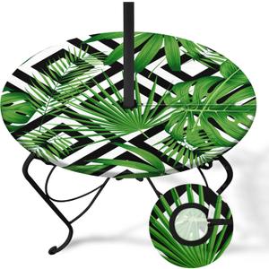 Palm Leaves Round Outdoor Tablecloth with Umbrella Hole, Plaid Fitted Table Cover with Zipper, Outdoor Camping Essentials, Waterproof Umbrella Table Cloth with Elastic (45''-54'')