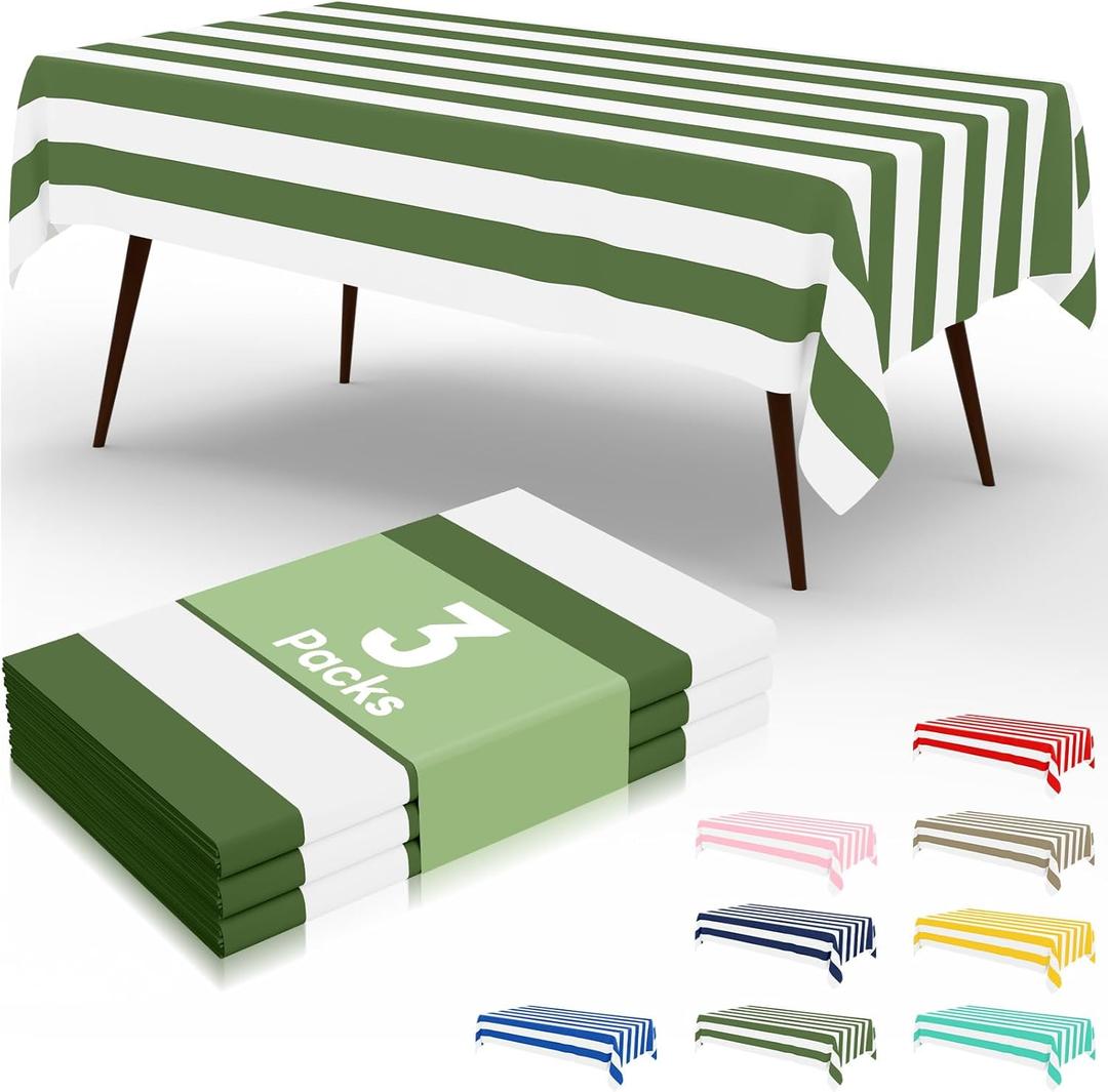 misaya 3 Packs Striped Disposable Table Cloth, 54 x 108 Inch Waterproof Rectangle Tablecloth, Leakproof & Sturdy Decorative Table Covers for Picnic, Party and Outdoor, Sage Green and White
