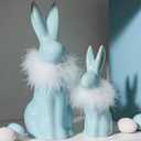 RM ROOMERS 2PCS Easter Bunny Figurine Decoration, Blue Ceramic Rabbit Statues with White Fluff on Neck, Porcelain Bunnies Spring Gifts for Indoor Tabletop Home Aesthetic Decor Farmhouse Wedding