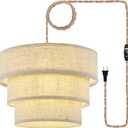 XININSUN 3-Tier Drum Linen Plug in Pendant Light with15ft Hemp Rope Cord E26 Dimmer Switch Hanging Lights Fixture Plug in Chandelier for Kitchen Island Dining Room Entryway Hallway-1Pack (Brown)