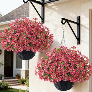 VIERENA 2 Sets Artificial Morning Glory and Eucalyptus Hanging Basket for Outdoor, UV-Resistant Fake Flower Hanging Basket, Suitable for Porch, Aisle, Garden, Patio, Eaves Decor (Rose Red)