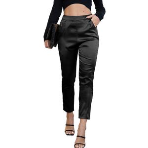 heipeiwa Women's Satin Pants Dress Casual Pleated Pull on High Waist Pants Baggy Front Tapered Trouser (Drapeblack), Small Long