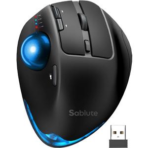 MAM1 Pro Wireless Trackball Mouse, Ergonomic Bluetooth Rechargeable Computer Mouse, Backlit Rollerball Thumb mice with 5 Level DPI, Adjustable Angle, 3 Devices Connection for PC, Windows - Blue Ball
