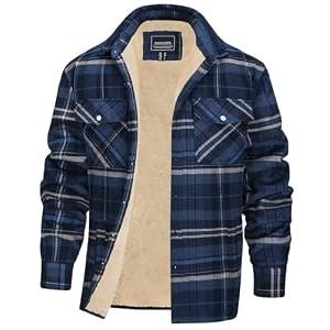EKLENTSON Winter Jacket for Men Fleece Flannel Plaid Jacket Casual Stylish Camp Coat Thermal Sherpa Coats Blue Grey M
