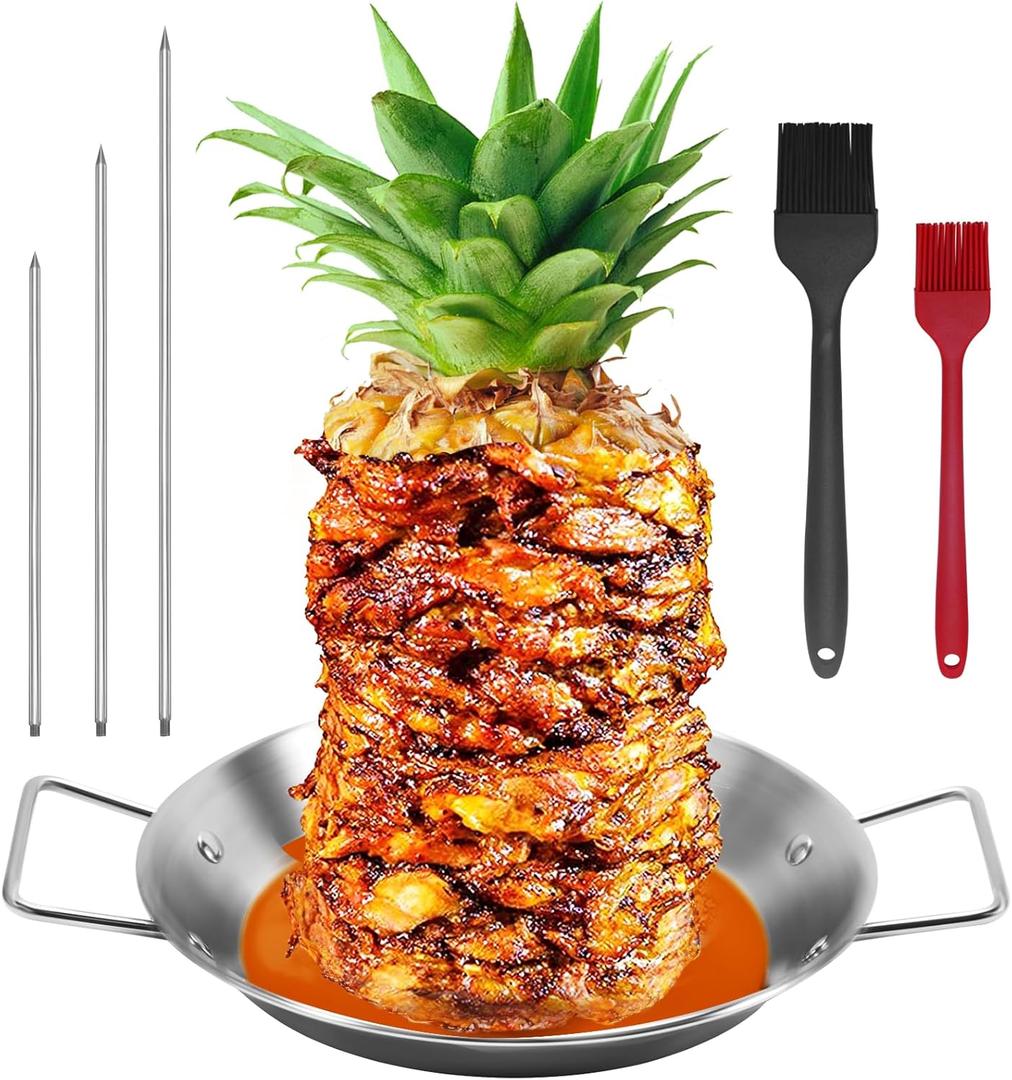 Al Pastor Skewer for Grill, Shawarma Skewer Stand, Stainless Steel Brazilian Vertical Spit with 3 Removable Spikes(8/10"/12)& Brushes, for Tacos Al Pastor, Grill Smoker Oven BBQ (10'' base pan)