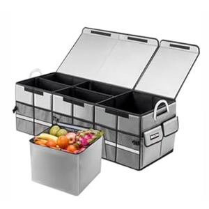 Heavy-Duty Extra Large 100L Premium Foldable Car Trunk Organizer with Lid + 26L Cooler Bag, Waterproof Robust Durable 1680D Oxford & Multi-Compartment Collapsible for SUV, Truck, Van, Sedan (Gray)